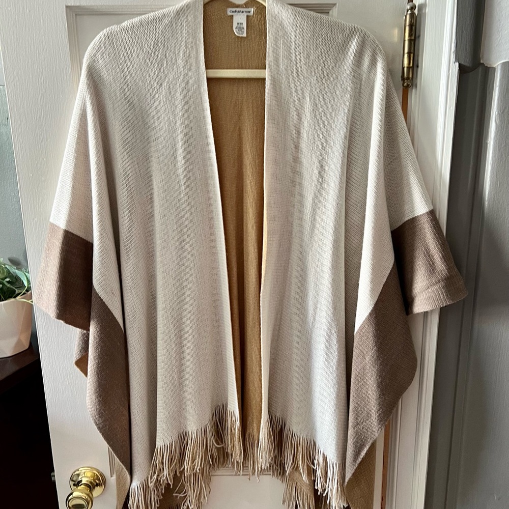 Cozy neutral shawl/poncho wrap with fringe